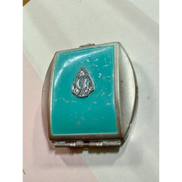 Antique Art Deco Compact Powder Rouge Green Teal Case Mirror Rhinestone Accent - Picture 5 of 8